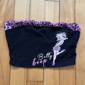 Betty Boop Black Tube Top Cheetah Print Trim Fluffy Edgy Y2K
